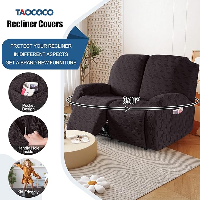 TAOCOCO Recliner Loveseat Cover, Stretch Jacquard Reclining Loveseat Cover Furniture Protector Sofa Slipcovers 2 Seat Recliner Covers with Elastic Bottom for Kids, Pets (Chocolate)