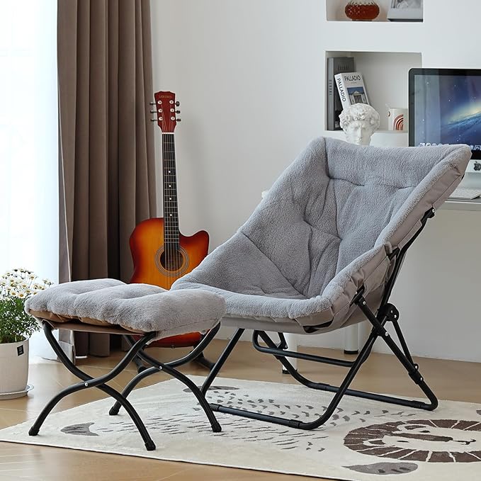 Comfy Saucer Chair with Ottoman, Oversized Folding Faux Fur Chair Soft Furry Lounge Lazy Chair with Metal Frame Moon Chair Accent Chair for Bedroom, Living Room, Dorm Rooms