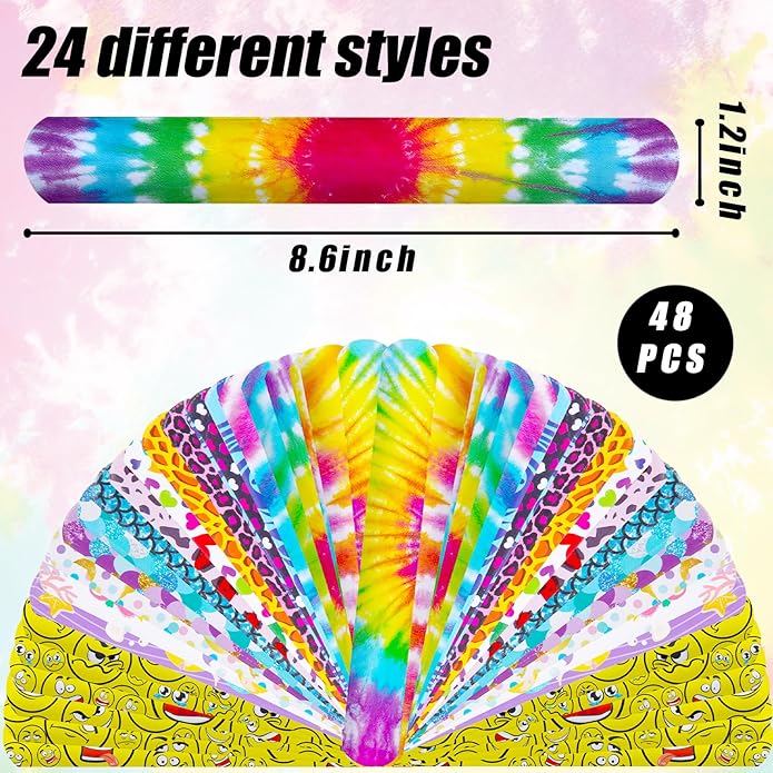 AMOR PRESENT Slap Bracelets Bulk, 48PCS Snap Bracelets for Kids Tie Dye Wrist Band Mermaid Sports for Party Favors Carnival Prizes Goodie Bags Groove Party