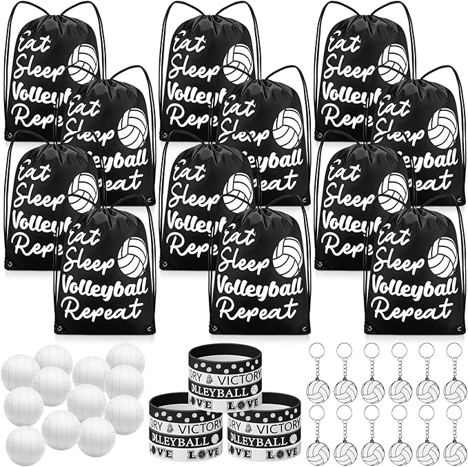 48 Pcs Volleyball Party Favors for Kids Include 12 Volleyball Drawstring Bags, 12 Volleyball Keychain, 12 Silicone Volleyball Bracelets, 12 Mini Stress Ball for Sports Birthday Supplies