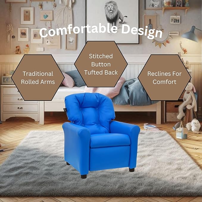 The Crew Furniture Traditional Kids Recliner, Toddler Ages 1-5 Years, Pu Faux Leather, Blue