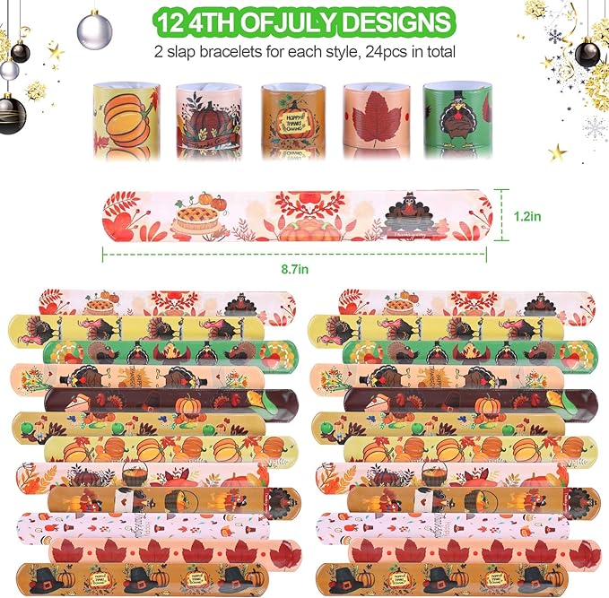48Pcs Fall Thanksgiving Party Favors Slap Bracelets Rubber Wristbands Pumpkin Pattern Toys Bulk for Boys Girls Harvest Class Exchange Gifts Reward Prizes Thanksgiving Party Supplies