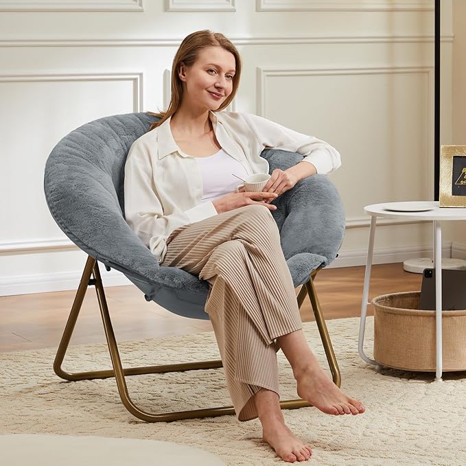 DUMOS Comfy Saucer Chairs, Faux Fur Lounge Bedroom Living Room Flexible Folding Seating for Kids Adults Soft Padded Metal Frame Modern for Home Office Grey