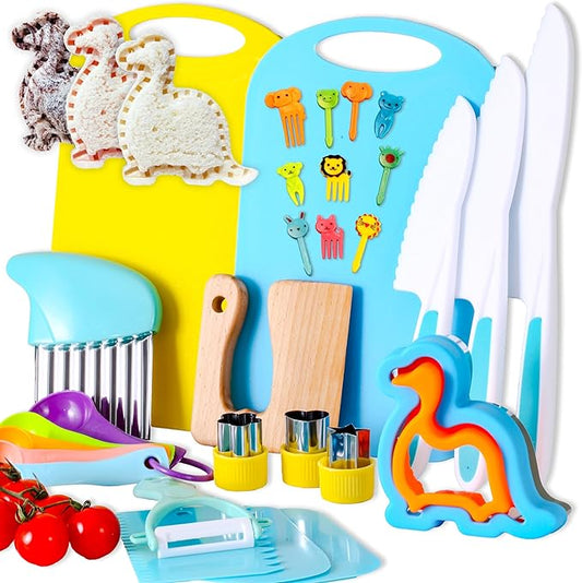 30 Pieces Montessori Kitchen Tools-Kids Cooking Sets Real-Toddler Knife Set for Real Cooking-Toddler Utensils with Safe Knives Crinkle Cutter Cutting Board