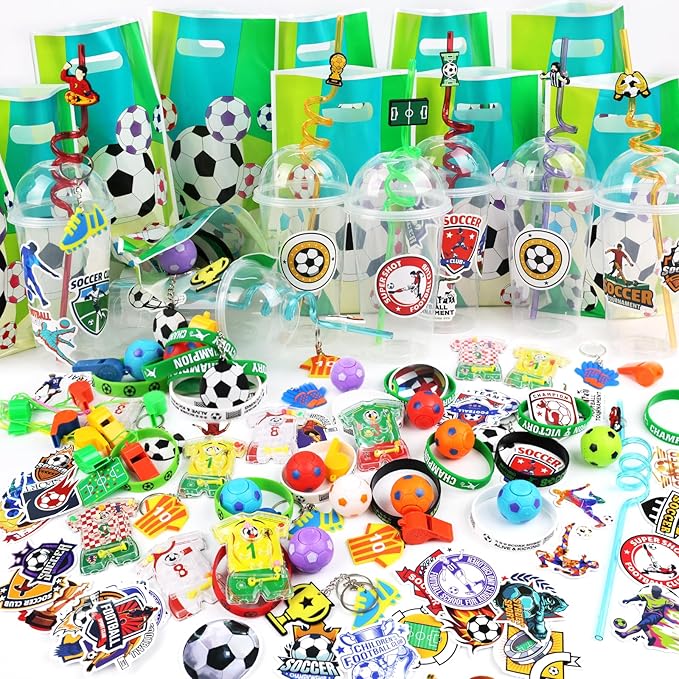 166 Pcs Soccer Party Favors for 12 People Party Supplies with Cup Straw Stress Ball Keychain Sticker Silicone Wristbands Whistle Goodie Bags for Kids Birthday Decorations Gifts