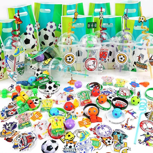 166 Pcs Soccer Party Favors for 12 People Party Supplies with Cup Straw Stress Ball Keychain Sticker Silicone Wristbands Whistle Goodie Bags for Kids Birthday Decorations Gifts