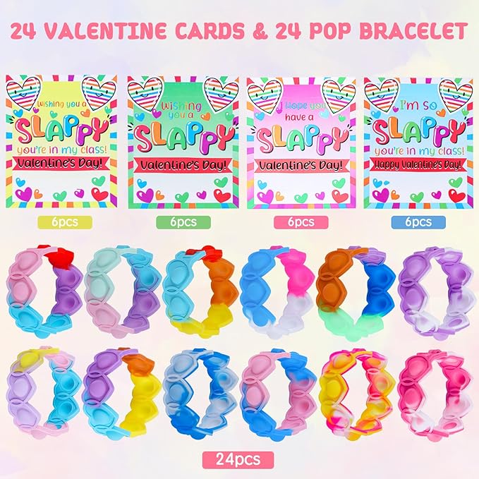 24 Packs Valentine Day Party Favors Kids, Heart Pop Fidget Toys Bulk Bracelets Cards for Kids School Classroom Prizes, Valentine's School Class Exchange Cards and Kids Party Favors