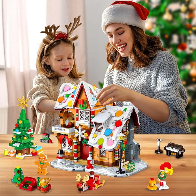 3 Style Christmas Gingerbread House Building Set with LED Light - 2024 Snowscape Village House Building Block Toy with Santa Claus Xmas Tree Train Gifts for Adults Kids Girls Boys Ages 8+ (1397 PCS)
