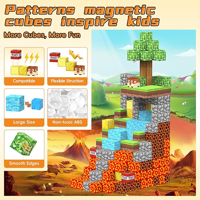 64PCS Magnetic Cubes- Build Magnet World Volcano Set, Educational Sensory Toys for Toddlers Kids, Construction Building Toys,Birthday Gifts for Boys Girls Aged 3-5 6-8 8-12