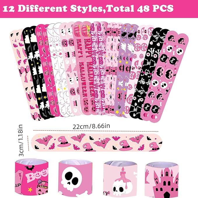 48 PCS Pink Halloween Slap Bracelets Party Favors, Bulk Snap Bracelet Party Favors Supplies for kids&teens Gifts Teacher Classroom School Prizes