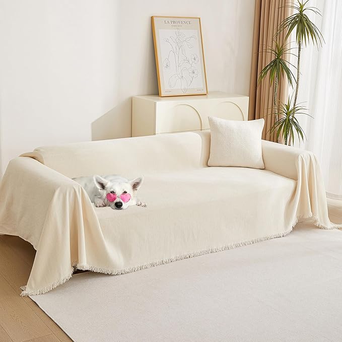 MYSKY HOME Couch Cover for Pets Beige Couch Covers for 3 Cushion Couch Sofa Couch Cover Sectional L Shape Chenille Couch Cushion Covers for Pets, Furniture Protector Cover for Dogs, Kids, 91" X150"