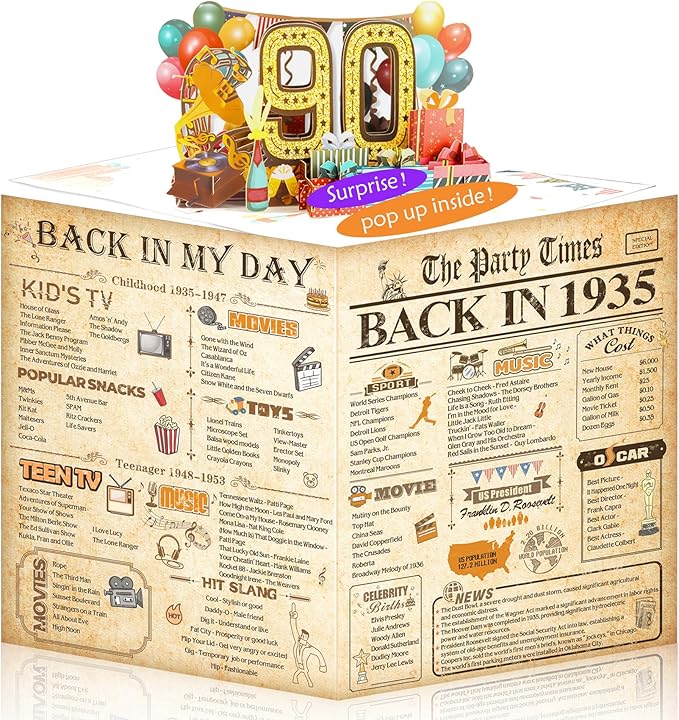 90th Birthday Card for Men Women, Funny 3D Pop Up 90th Birthday Gifts for Grandma Mom Dad, Back In 1935 Happy 90 Year Old Birthday Decorations Cards for Her Him, Classy Vintage