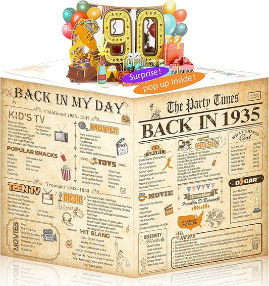 90th Birthday Card for Men Women, Funny 3D Pop Up 90th Birthday Gifts for Grandma Mom Dad, Back In 1935 Happy 90 Year Old Birthday Decorations Cards for Her Him, Classy Vintage