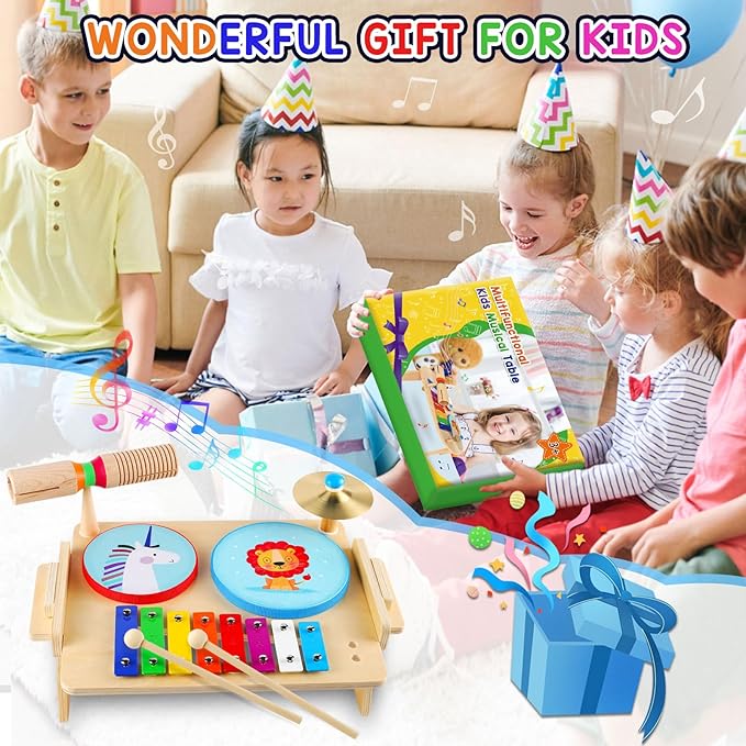Kids Drum Set, Baby Musical Instruments Toys for Toddlers, 7 in 1 Wooden Xylophone Toddler Drum Set Percussion Instruments Musical Toys Birthday Gifts for Children Boys and Girls