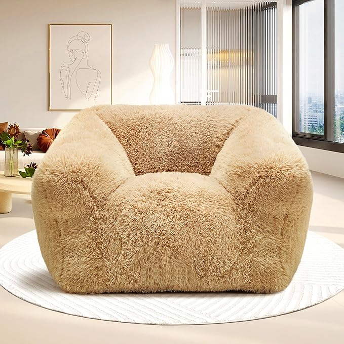 Homguava Giant Bean Bag Chair for Adults,Large Bean Bag Sofa with Armrests&Stuffed Memory Foam,Big BeanBags with Filler,Plush Bean Bag Couch Comfy Lazy Sofa Chair for Bedroom,Living Room(Large,Khaki)