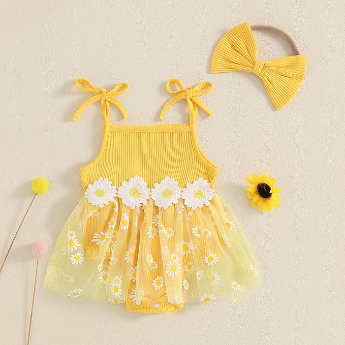 Baby Girl Clothes Daisy Ribbed Bodysuit Sleeveless Romper Dress Summer Outfit for Girls Newborn 3 6 9 12 18 Months