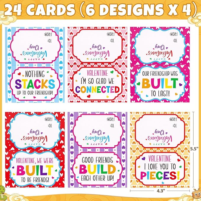 24 Pack Valentines Day Gifts for Kids 8-12, Animal Building Blocks Kit with Gift Cards for Kids School Classroom, Valentines Party Favors Exchange for Boy Girl, Kid Basket Stuffers Fillers Toy