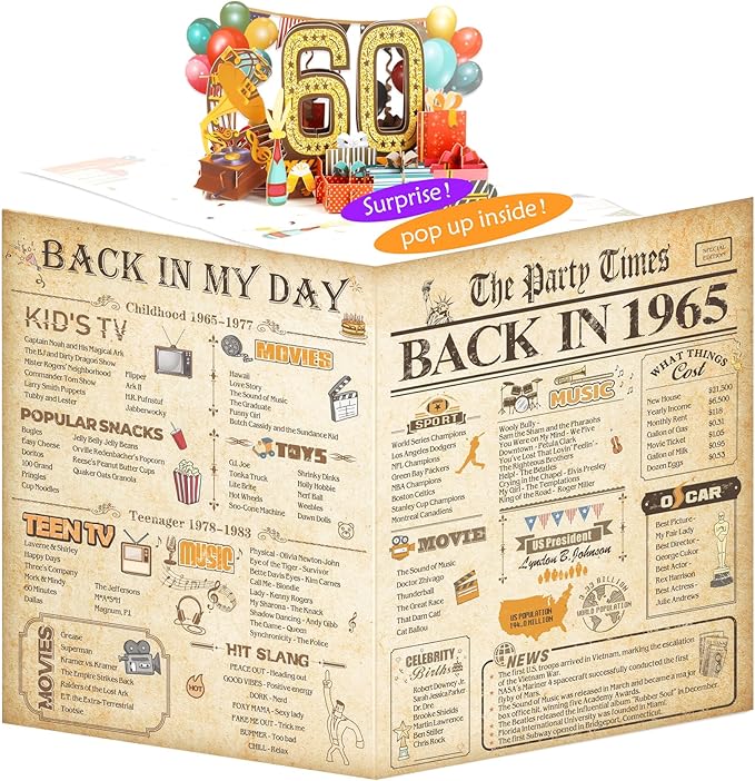 60th Birthday Card for Men Women, 3D Pop Up 60th Birthday Gifts Cards for Him Her, Back In 1965 Funny 60 Year Old Birthday Decorations, Classy Vintage