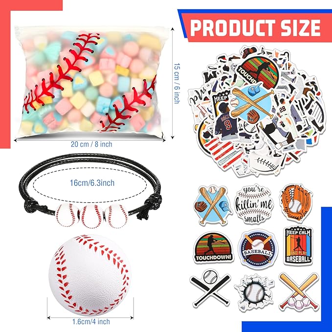 390 Pcs Baseball Party Favors Set Waterproof Baseball Gift Goodie Bags Foam Baseball Stress Ball Baseball Sports Bracelets Baseball Stickers for Baseball Themed Birthday Party Favor Decoration