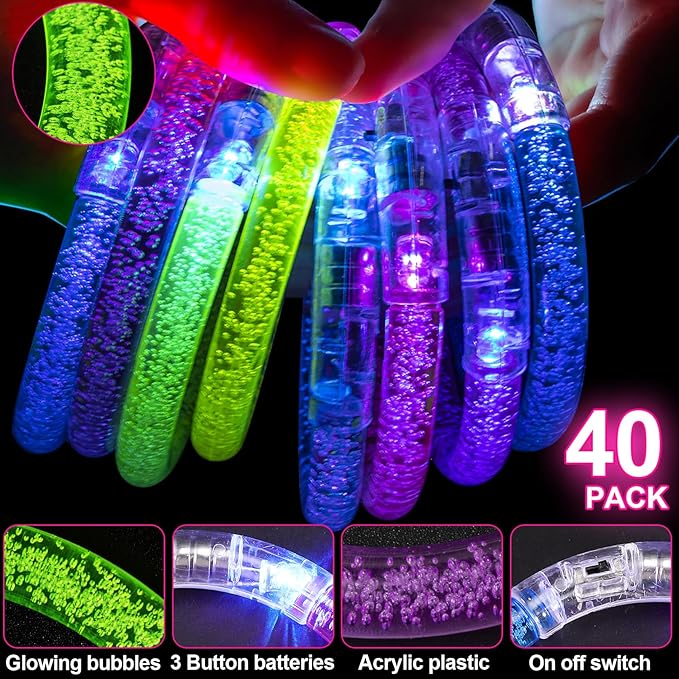 40 Pack Led Glow Sticks Bracelets,Glow in The Dark Bracelets,6 Colors LED Bracelets,Glow Bracelet for Kids and Adults,Light Up Bracelet Party Favors for Birthday,Carnival,Concert and Halloween
