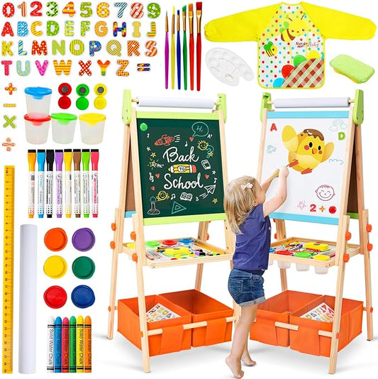 Kids Easel Including 100+ Accessories, Rundad Double Sided Wooden Easel for Kids Age 3-8 with Magnetic Chalkboard & Painting Board, Free Height Adjustable Art Easel Supplies for Toddlers