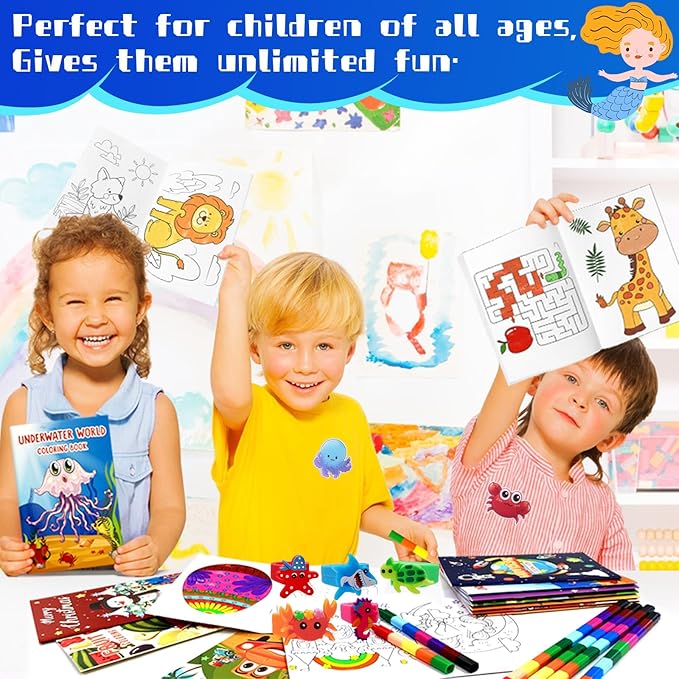 146Pcs Ocean Party Favors for Toddlers Kids 4-8 Under The Sea Animals Coloring Books with Crayons Bulk Birthday Supplies Tattoo Stickers Stamper Bracelets School Classroom Reward Gift Goodie Bags