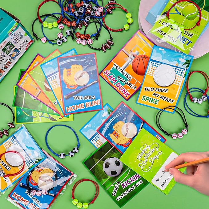 28 PCS Valentines Day Cards for Kids Adjustable Ball Charm Bracelets Toys Sports Valentines Party Favor Preschool Boys Ages 3-8 Classroom Exchange Valentine Day Gifts Football Basketball Bulk Prizes