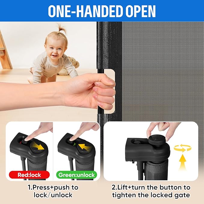 34X100” Extra Wide Safety Retractable Baby Gate, Extra Wide Safety Kids or Pets Gate, 34” Tall, Extends to 100” Extra Wide, Built-in Reinforce Strip Mesh Safety Dog Gate for Stairs (34”X100”, Black)