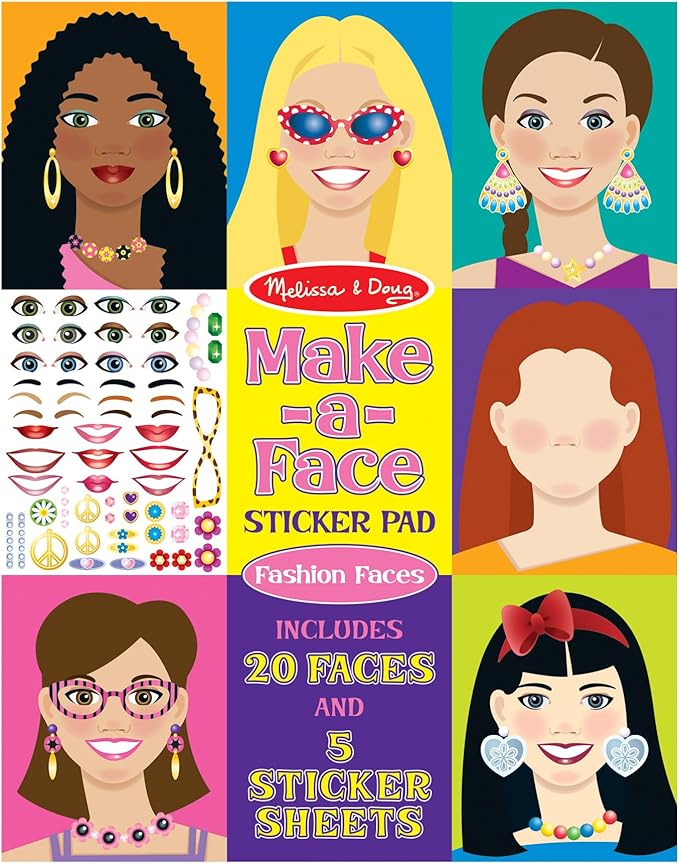 Melissa & Doug Make-a-Face Sticker Pad - Fashion Faces, 20 Faces, 5 Sticker Sheets - FSC Certified