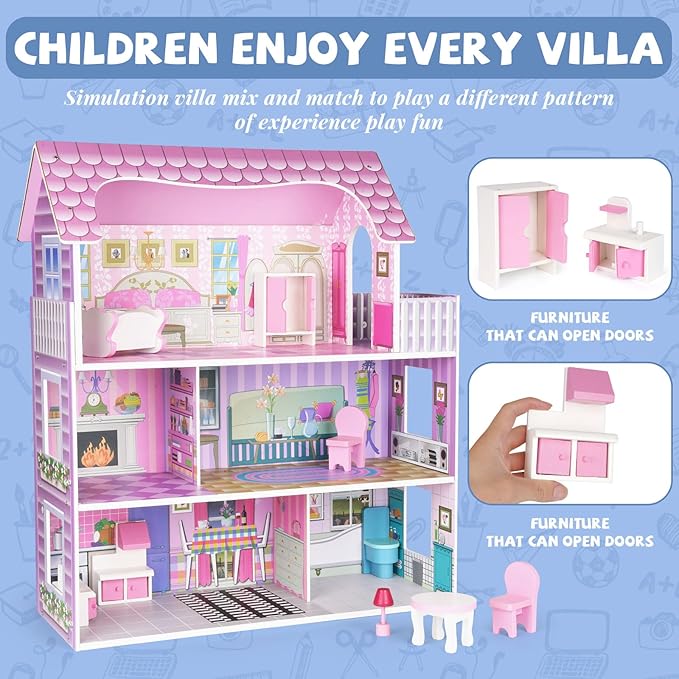 Wooden Dollhouse for Girls, 3-Story Doll House Playset with Furniture & Accessories, Large DIY Wooden Dream House for Kids, Pretend Play Dollhouse Kit, for Toddlers & Girls
