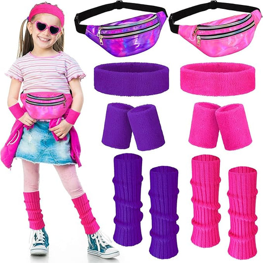 Giegxin 2 Set 80s Leg Warmers Set for Girls Kids Neon Ribbed Knit Leg Warmers Fitness Headband Wristbands for Cosplay Party