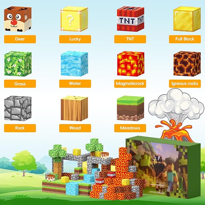 64PCS Magnetic Cubes- Build Magnet World Volcano Set, Educational Sensory Toys for Toddlers Kids, Construction Building Toys,Birthday Gifts for Boys Girls Aged 3-5 6-8 8-12