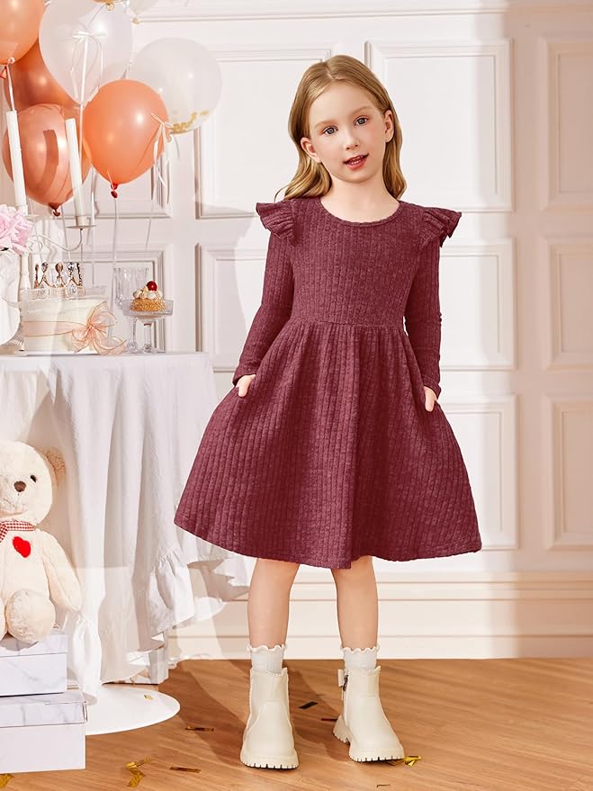 Arshiner Toddler Girl Dress Baby Girls Knitted Ruffle Sleeve Pocket Dresses A-Line Flared Fall Winter Clothes for 2-8 Years