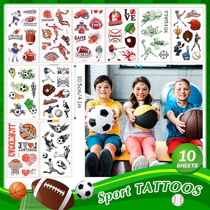 Aoriher Sport Party Favors for Kids, 15 Sets Sport Goodie Silicone Sport Bracelets Mini Stress Ball Keychain Temporary Tattoo Sticker Eraser for Sport Birthday Party Supplies Total 85 Pcs(Sport Ball)