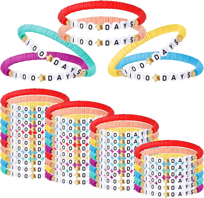 36 Pcs Happy 100th Day of School Bracelets Colorful Friendship Beads Bracelet for Boy Girl Kids Cute 100th Day Gifts Stretchy Acrylic Clay for School Supply Decor Student Rewards