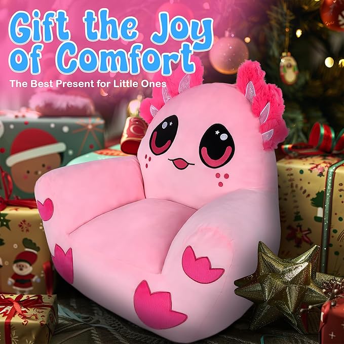 Forest & Twelfth Kid’s Axolotl Chair, 20 Inch Cozy Stuffed Animal Seat, Adorable Pink Squishy Sofa for Children, Soft & Comfy Kawaii Plush for Playroom & Bedroom, Durable, Toddler Gift, Room Decor