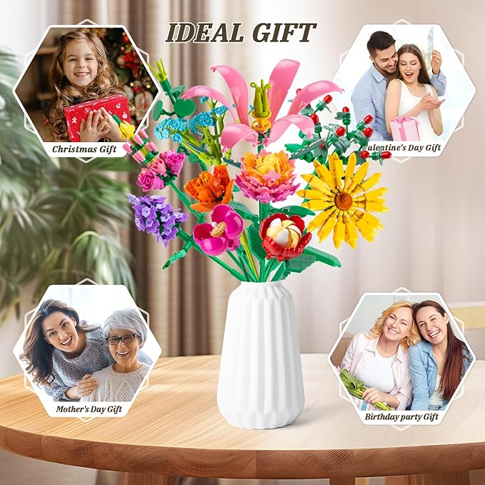 756 PCS Flower Bouquet Building Sets - 11 Kinds of Building Block Flowers, Botanical Collection Crafts Set for Home Office Decoration, Valentines Day for Adults Girl, No Vase