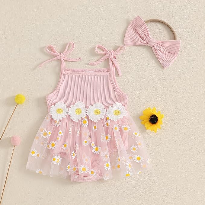 Baby Girl Clothes Daisy Ribbed Bodysuit Sleeveless Romper Dress Summer Outfit for Girls Newborn 3 6 9 12 18 Months