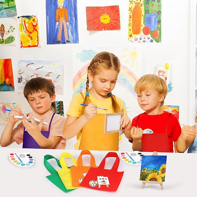 Aodaer 48 Pieces Mini Watercolor Paint Set Include 12 Colors 4 x 4 Inch Watercolor Paints, Wooden Canvas Easels, Canvas Tote Bags, Aprons, Back to School Art Beginner Supplies for Kids