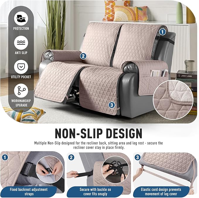 TAOCOCO 100% Waterproof Loveseat Recliner Cover-Recliner Cover with Non-Slip Granule, Recliner Chair Covers with Elastic Band,Washable Recliner Chair/Furniture Protector for Pets(Peach, 2 Seater)