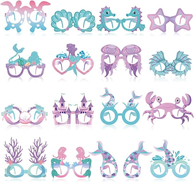 32 Pcs Mermaid Party Decorations Mermaid Paper Glasses Frame Under the Sea Photo Booth Props Mermaid Eyeglasses for Girls Summer Beach Theme Birthday Party Baby Shower Favors Supplies