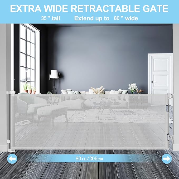 80 Inch Baby Gate Extra Wide Retractable Dog Gate Mesh Baby Gate Outdoor Baby Gates for Decks Indoor Mesh Gate Retractable Pet Gate Doorway Gate Safety Gates for Stairs Babies Kids gate (Light Gray)