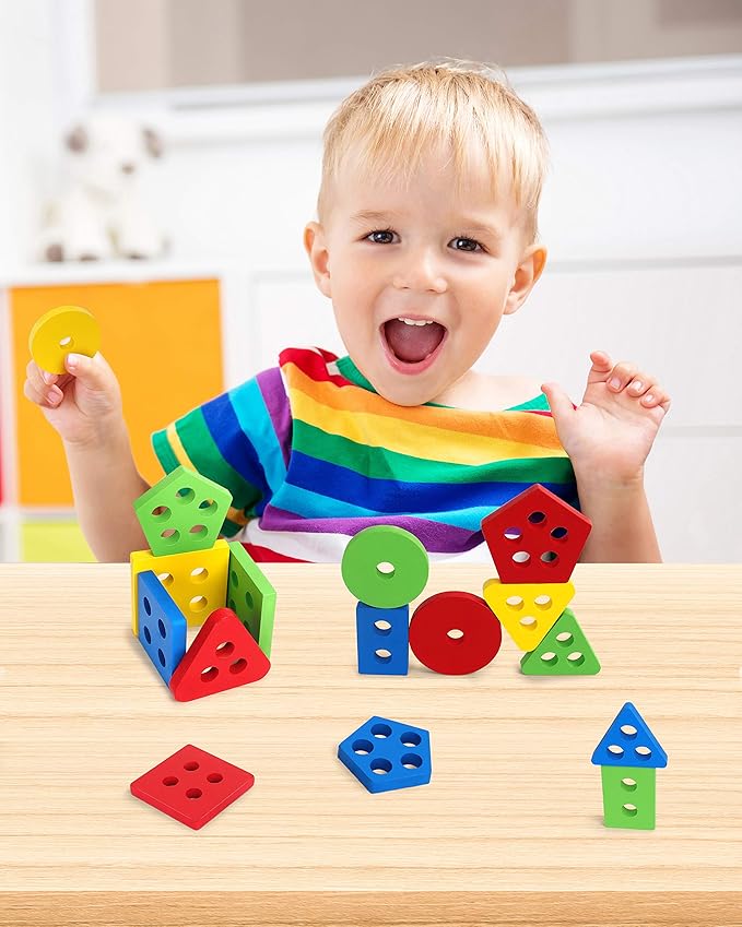Coogam Wooden Sorting Stacking Montessori Toys, Shape Color Recognition Blocks Matching Puzzle Stacker Geometric Board Early Educational Puzzles for Years Old Boys and Girls
