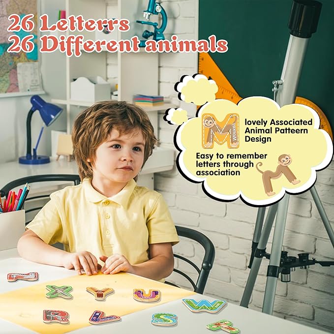 Magnetic Letter, Thickened Wooden ABC Alphabet Fridge Magnets for Toddlers 1-3, Large Cute Animal Magnet Learning Toys Set for Kids Ages 2 4 5 Years Old Preschool Learning & Educational