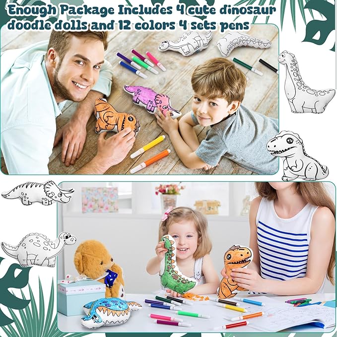 4 Sets Boys Girls Doodle Dolls, Color Your Own Dinosaur Gift Set 4 Coloring Plush Toy Washable Stuffed Animal Drawing DIY Crafts Art 48 Watercolor Pens for Boys Girls 4-10 Years Old