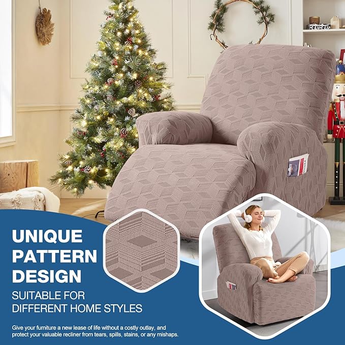TAOCOCO Recliner Cover 3 Pieces Recliner Chair Covers, Stretch Jacquard Reclining Chair Cover, Furniture Protector Sofa Slipcovers Couch Covers with Elastic Bottom for Kids, Pets (Khaki)