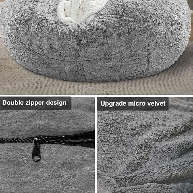 Giant Fur Bean Bag Chair Cover for Kids Adults, (No Filler) Living Room Furniture Big Round Soft Fluffy Faux Fur Beanbag Lazy Sofa Bed Cover (Grey, 5FT)