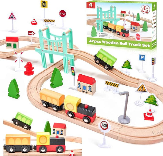 47Pcs Wooden Train Set for Toddlers, Wooden Train Track - Expandable and Changeable, Safe Educational Train Toys Gift for Boys & Girls Kids Ages 3-5 4-8, Compatible with All Major Brands