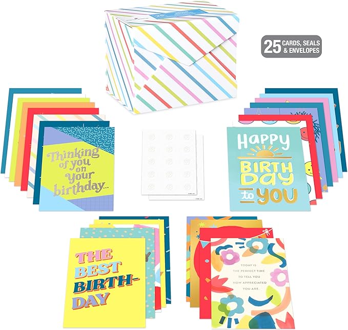 American Greetings 25-Count Birthday Card Assortment with Envelopes, Seals, and Storage Box (Celebrate)