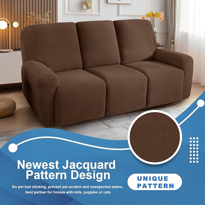 JIVINER 5 Pieces Recliner Sofa Covers Stretch Recliner Sofa Slipcover with Elastic Bottom Jacquard Fitted Reclining 3 Cushion Couch Cover Furniture Protector with Pockets (3 Seater, Brown)